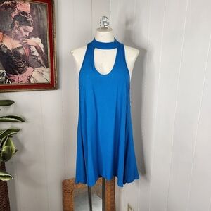 Olivaceous Egypt Blue Mini Sleeveless Swing Dress Halter High Neck New Sz Small